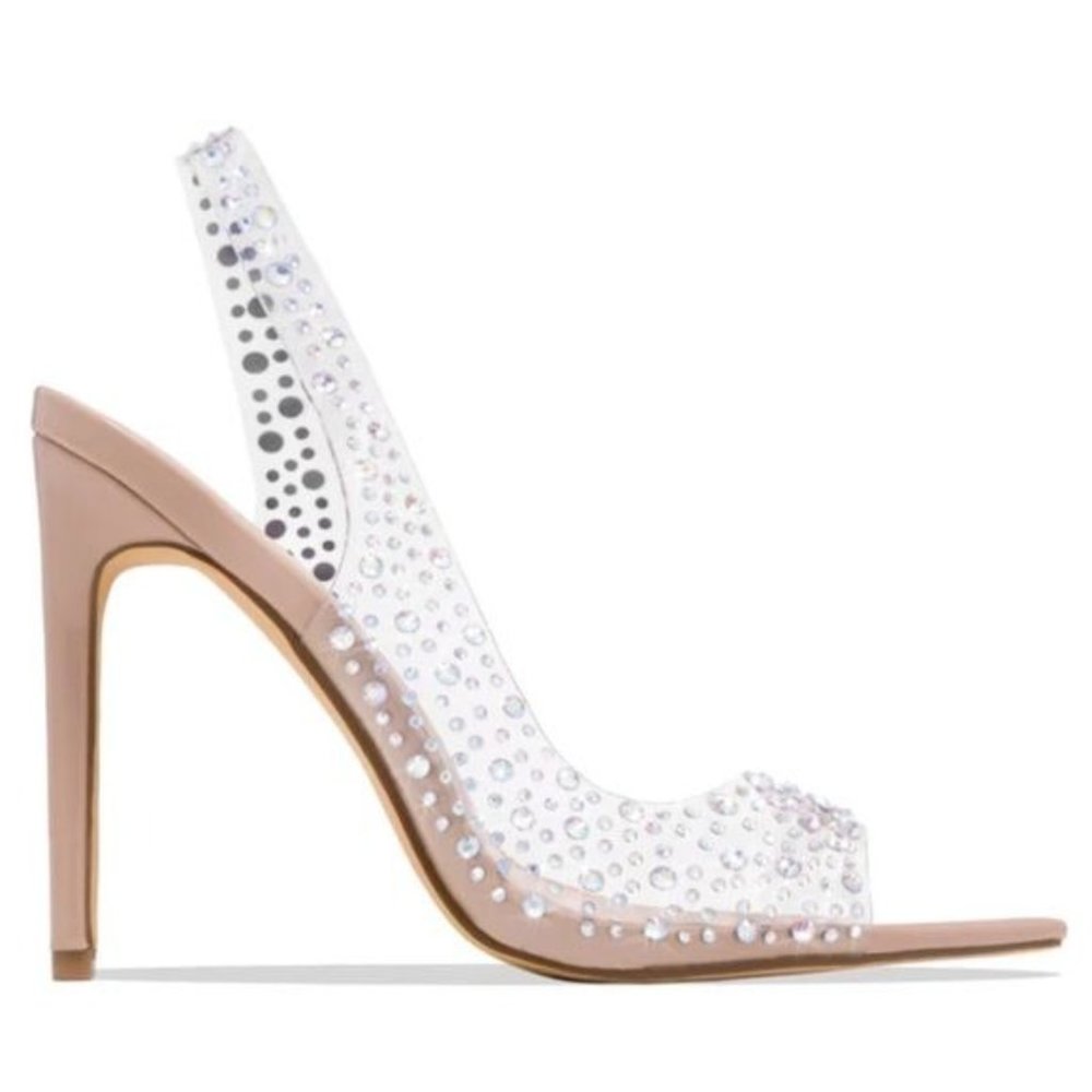 !! NEW !! Transparent Slingback Peep Toe Embellished Heels in Nude - Picture 2 of 6